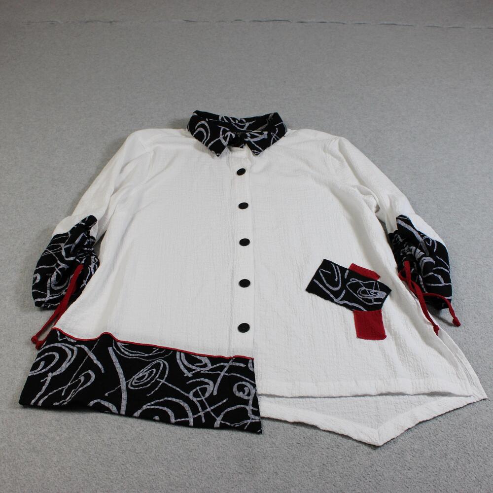 Ali Miles Shirt Women Large White Black Colorblock Tunic Button Boho Lagenlook